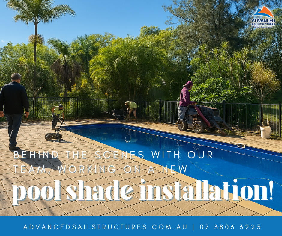 Behind the scenes with our team, working on a new pool shade installation! | Advanced Sail Structures Gold Coast